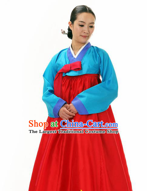 Korean Traditional Court Hanbok Blue Blouse and Red Dress Garment Asian Korea Fashion Costume for Women