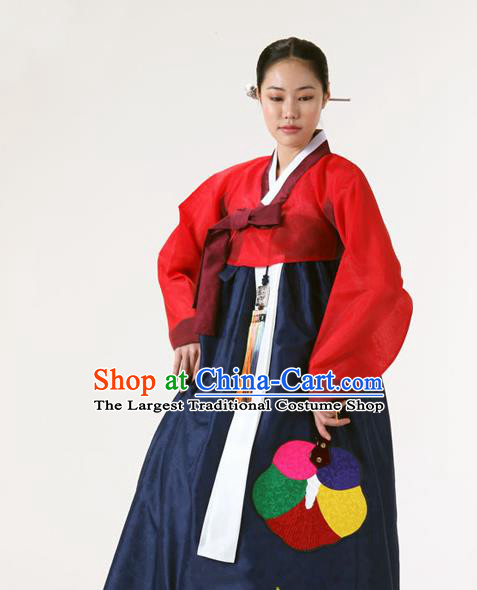 Korean Traditional Court Hanbok Red Blouse and Navy Dress Garment Asian Korea Fashion Costume for Women