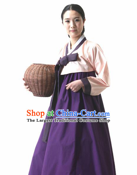 Korean Traditional Court Hanbok Champagne Blouse and Purple Dress Garment Asian Korea Fashion Costume for Women