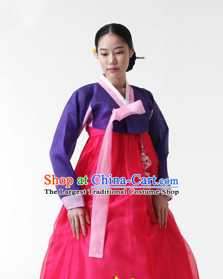 Korean Traditional Court Hanbok Purple Blouse and Rosy Dress Garment Asian Korea Fashion Costume for Women