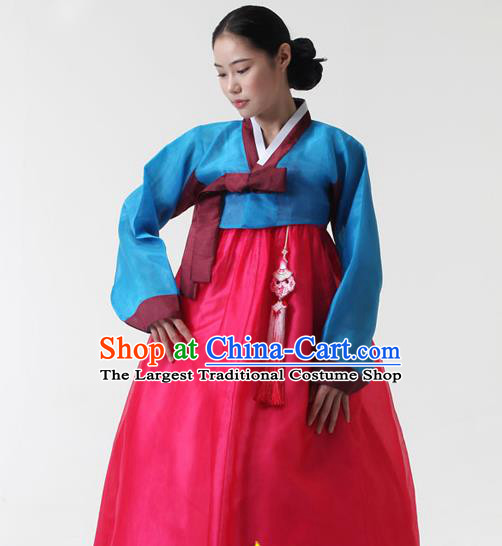 Korean Traditional Court Hanbok Blue Blouse and Rosy Dress Garment Asian Korea Fashion Costume for Women