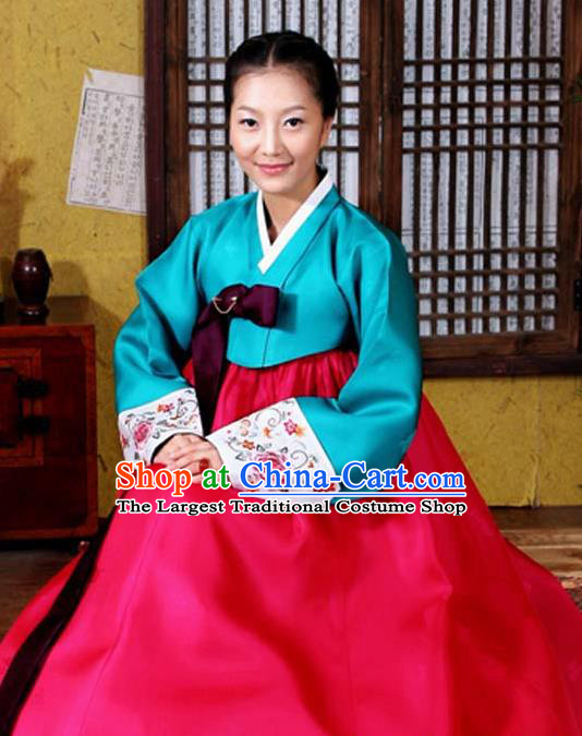 Korean Traditional Hanbok Blue Blouse and Rosy Dress Garment Asian Korea Fashion Costume for Women