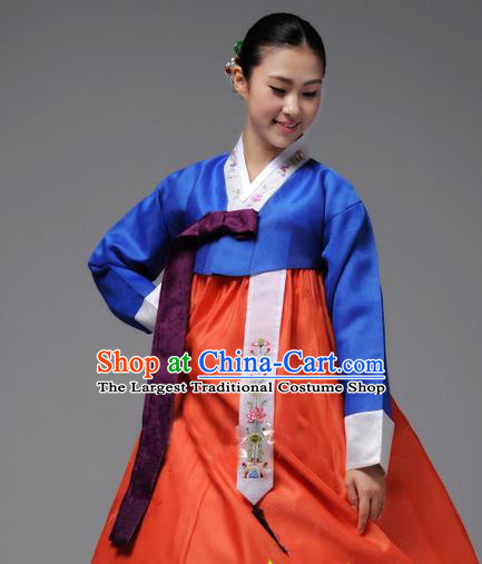 Korean Traditional Hanbok Blue Blouse and Orange Dress Garment Asian Korea Fashion Costume for Women