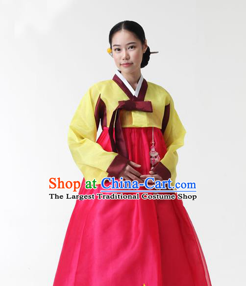 Korean Traditional Hanbok Yellow Blouse and Rosy Dress Garment Asian Korea Fashion Costume for Women