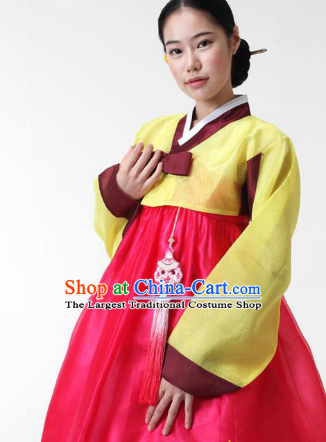Korean Traditional Hanbok Yellow Blouse and Rosy Dress Garment Asian Korea Fashion Costume for Women