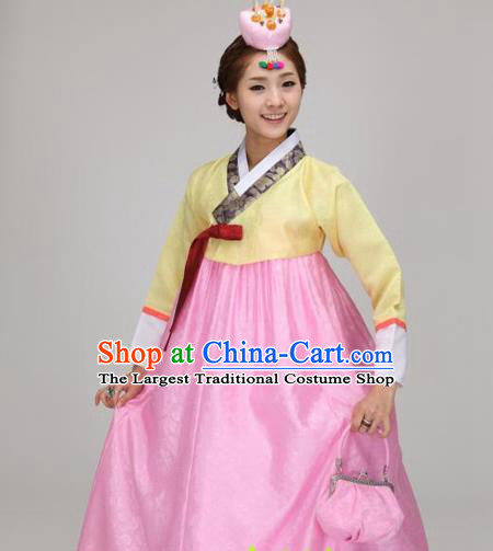 Korean Traditional Court Hanbok Yellow Blouse and Pink Dress Garment Asian Korea Fashion Costume for Women