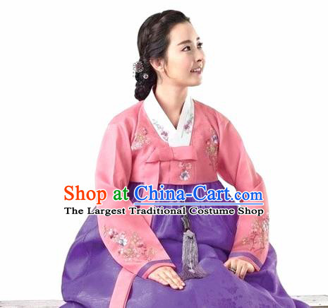 Korean Traditional Court Hanbok Pink Blouse and Purple Dress Garment Asian Korea Fashion Costume for Women