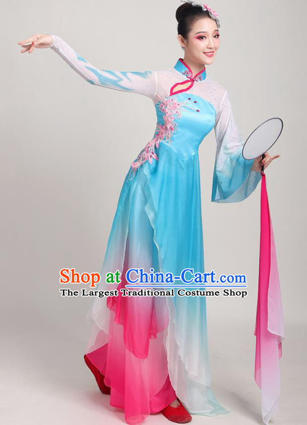 Chinese Traditional Umbrella Dance Fan Dance Blue Dress Classical Dance Stage Performance Costume for Women