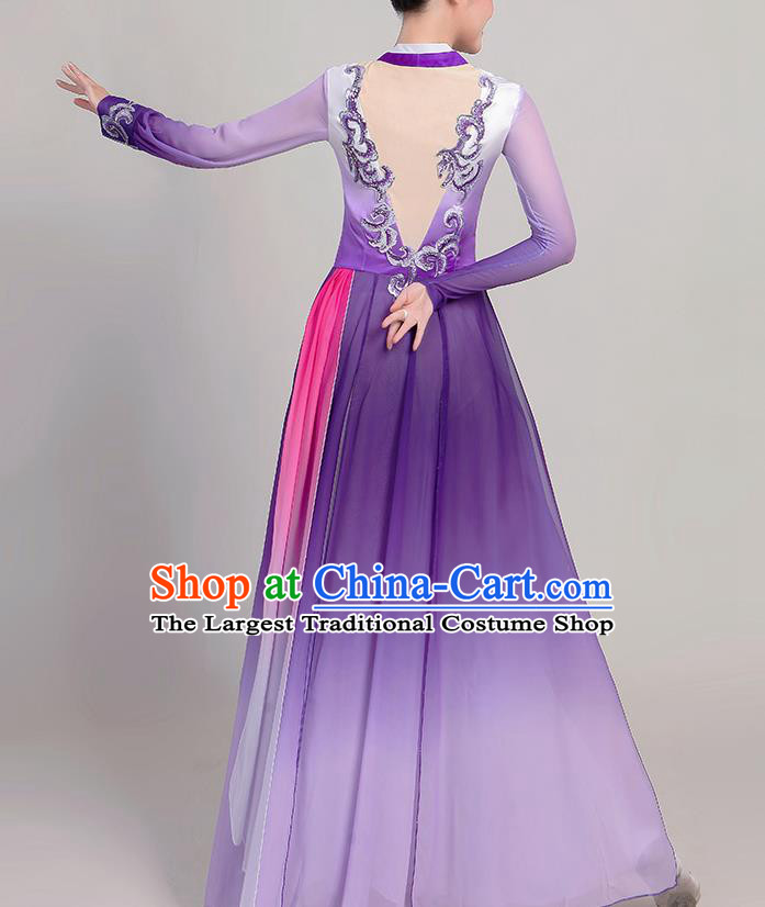 Chinese Traditional Fan Dance Purple Dress Classical Dance Stage Performance Costume for Women