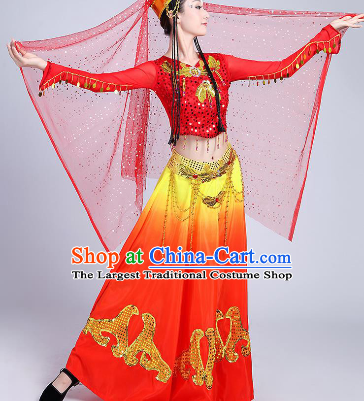 Chinese Traditional Uyghur Nationality Folk Dance Red Dress Uigurian Ethnic Costume for Women