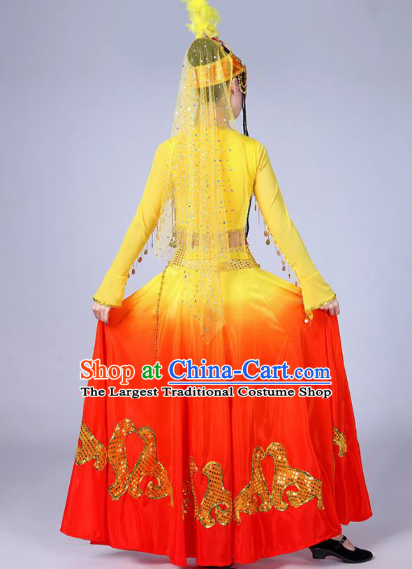 Chinese Traditional Uyghur Nationality Folk Dance Yellow Dress Uigurian Ethnic Costume for Women