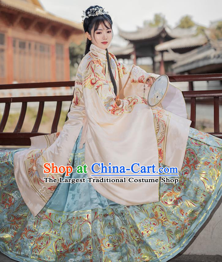 Chinese Traditional Apricot Brocade Blouse and Skirt Ancient Ming Dynasty Princess Costumes for Women