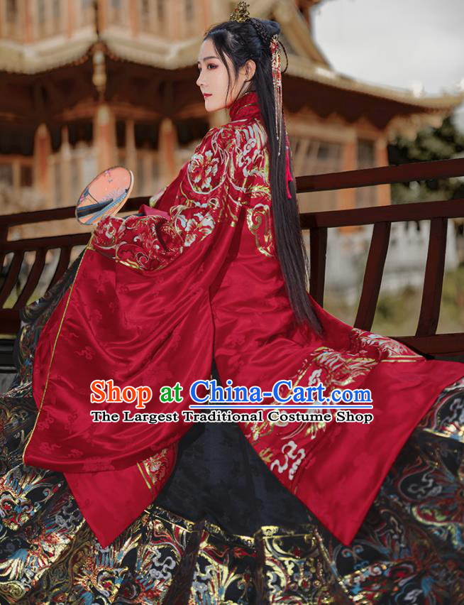 Chinese Traditional Wedding Red Brocade Blouse and Skirt Ancient Ming Dynasty Princess Costumes for Women