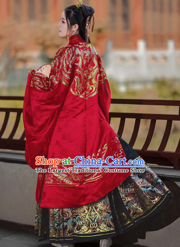 Chinese Traditional Wedding Red Brocade Blouse and Skirt Ancient Ming Dynasty Princess Costumes for Women