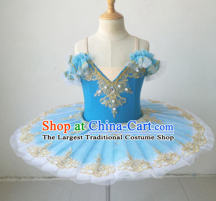 Professional Ballet Dance Tutu Blue Bubble Short Dress Modern Dance Ballerina Stage Performance Costume for Kids