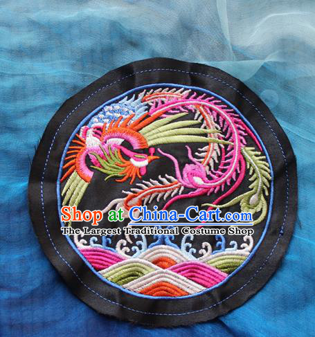 Chinese Traditional Embroidered Phoenix Black Round Patch Embroidery Craft Embroidering Accessories
