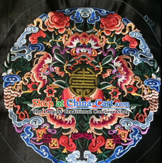 Chinese Traditional Embroidered Bats Black Round Applique Embroidery Patch Embroidery Craft Accessories