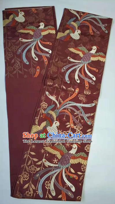 Japanese Geisha Classical Phoenix Pattern Purplish Red Brocade Kimono Belts Traditional Japan Yukata Waistband