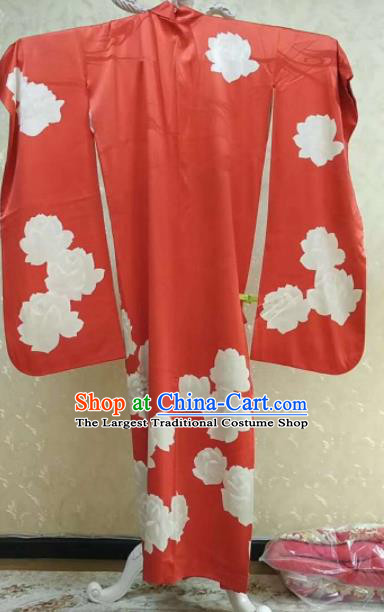 Traditional Japan Geisha Printing Camellia Red Furisode Kimono Asian Japanese Fashion Apparel Costume for Women