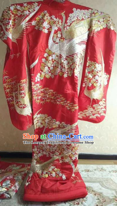 Traditional Japan Geisha Printing Peacock Red Iromuji Furisode Kimono Asian Japanese Fashion Apparel Costume for Women
