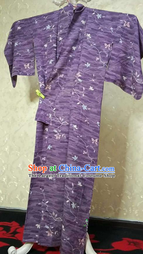 Traditional Japan Geisha Printing Twine Flowers Purple Furisode Kimono Asian Japanese Fashion Apparel Costume for Women