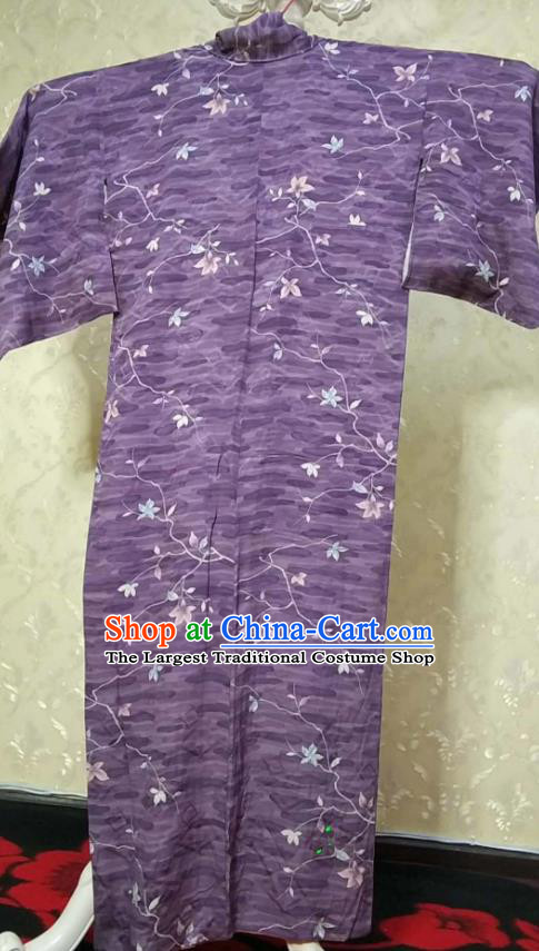 Traditional Japan Geisha Printing Twine Flowers Purple Furisode Kimono Asian Japanese Fashion Apparel Costume for Women