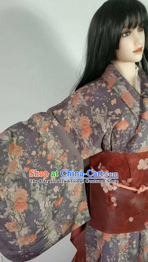 Traditional Japan Geisha Printing Maple Leaf Peony Grey Furisode Kimono Asian Japanese Fashion Apparel Costume for Women