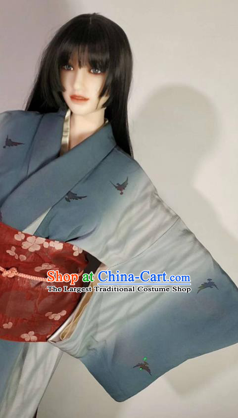Traditional Japan Geisha Printing Crane Blue Furisode Kimono Asian Japanese Fashion Apparel Costume for Women