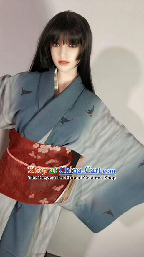 Traditional Japan Geisha Printing Crane Blue Furisode Kimono Asian Japanese Fashion Apparel Costume for Women