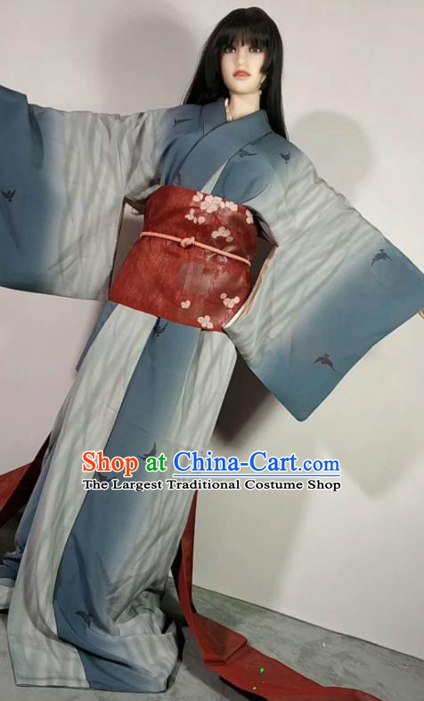 Traditional Japan Geisha Printing Crane Blue Furisode Kimono Asian Japanese Fashion Apparel Costume for Women