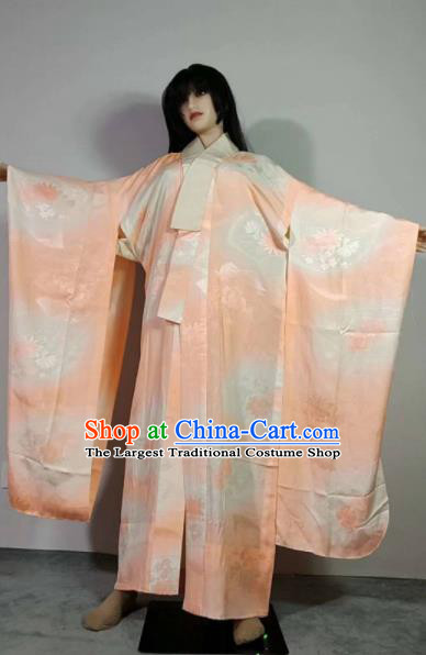 Traditional Japan Geisha Printing Peony Orange Brocade Furisode Kimono Asian Japanese Fashion Apparel Costume for Women