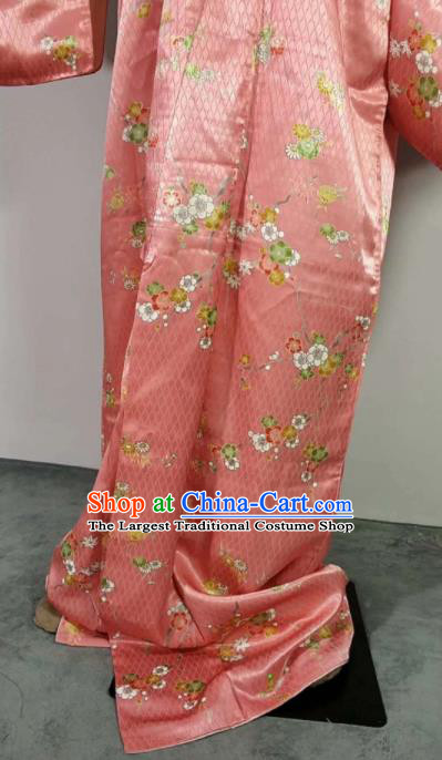 Traditional Japan Geisha Printing Sakura Pink Brocade Furisode Kimono Asian Japanese Fashion Apparel Costume for Women