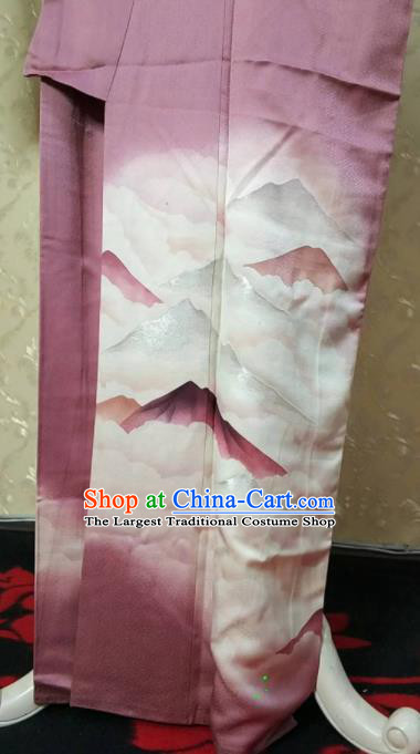 Traditional Japan Geisha Printing Lilac Furisode Kimono Asian Japanese Fashion Apparel Costume for Women