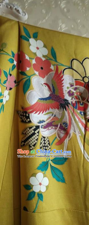 Traditional Japan Geisha Printing Phoenix Yellow Silk Furisode Kimono Asian Japanese Fashion Apparel Costume for Women