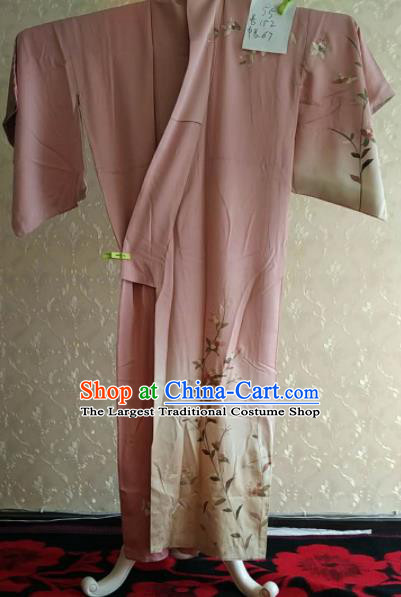 Traditional Japan Geisha Printing Pink Silk Furisode Kimono Asian Japanese Fashion Apparel Costume for Women