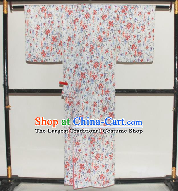 Traditional Japan Geisha Printing Primrose White Furisode Kimono Asian Japanese Fashion Apparel Costume for Women