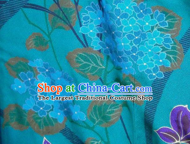 Traditional Japan Geisha Printing Orchid Blue Silk Furisode Kimono Asian Japanese Fashion Apparel Costume for Women
