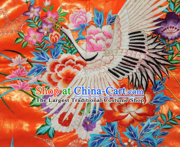 Traditional Japan Geisha Printing Crane Peony Orange Silk Furisode Kimono Asian Japanese Fashion Apparel Costume for Women