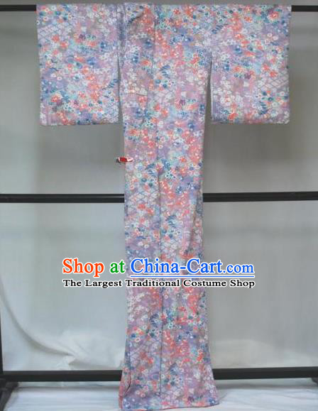 Traditional Japan Geisha Printing Peony Lilac Silk Furisode Kimono Asian Japanese Fashion Apparel Costume for Women
