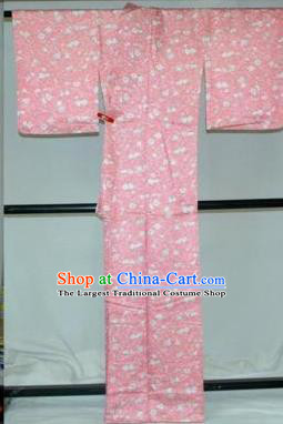 Traditional Japan Geisha Printing Sakura Pink Silk Furisode Kimono Asian Japanese Fashion Apparel Costume for Women