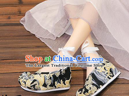 Chinese Traditional Classical Dragon Pattern Black Satin Embroidered Shoes Princess Shoes Opera Shoes Hanfu Shoes for Women