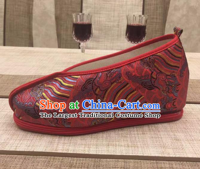 Chinese Traditional Classical Wave Pattern Dark Red Satin Embroidered Shoes Princess Shoes Opera Shoes Hanfu Shoes for Women