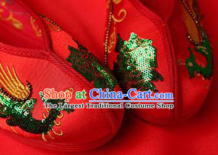 Chinese Traditional Green Sequins Phoenix Red Embroidered Shoes Opera Shoes Hanfu Shoes Wedding Shoes for Women