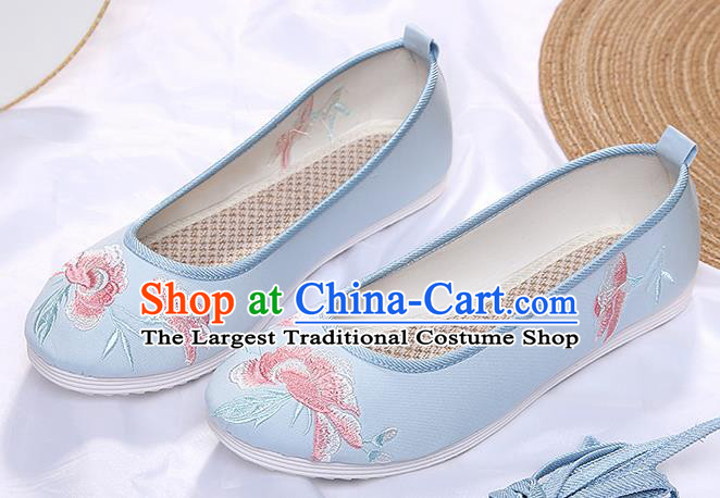 Chinese Traditional Blue Embroidered Peony Shoes Opera Shoes Hanfu Shoes Wedding Shoes for Women