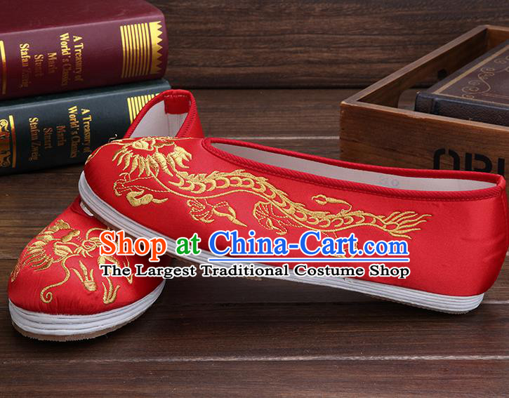 Chinese Traditional Red Embroidered Dragon Shoes Handmade Hanfu Shoes Wedding Shoes for Men