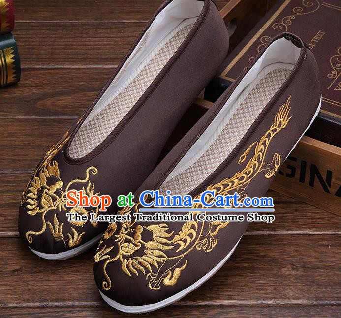 Chinese Traditional Brown Embroidered Dragon Shoes Handmade Hanfu Shoes Wedding Shoes for Men