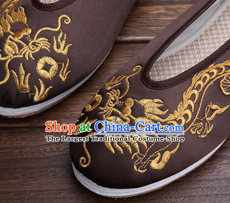 Chinese Traditional Brown Embroidered Dragon Shoes Handmade Hanfu Shoes Wedding Shoes for Men