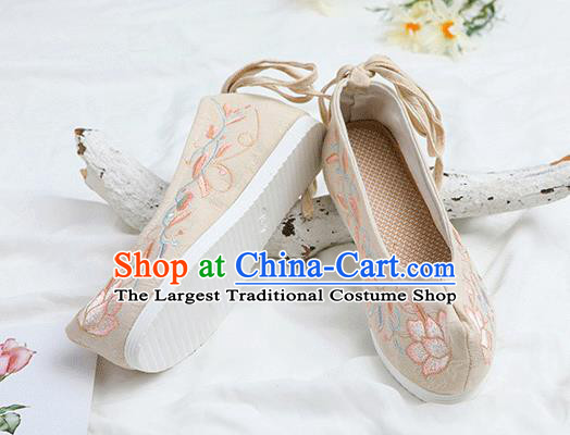 Chinese Traditional Embroidered Lotus Beige Shoes Opera Shoes Hanfu Shoes Wedding Shoes for Women