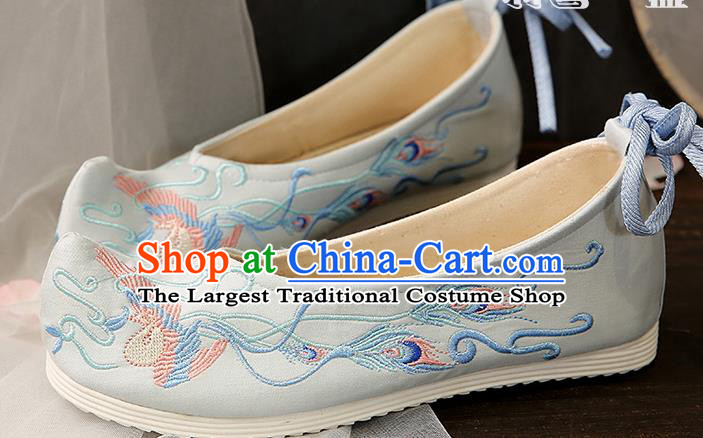 Chinese Traditional Blue Embroidered Phoenix Shoes Opera Shoes Hanfu Shoes Wedding Shoes for Women