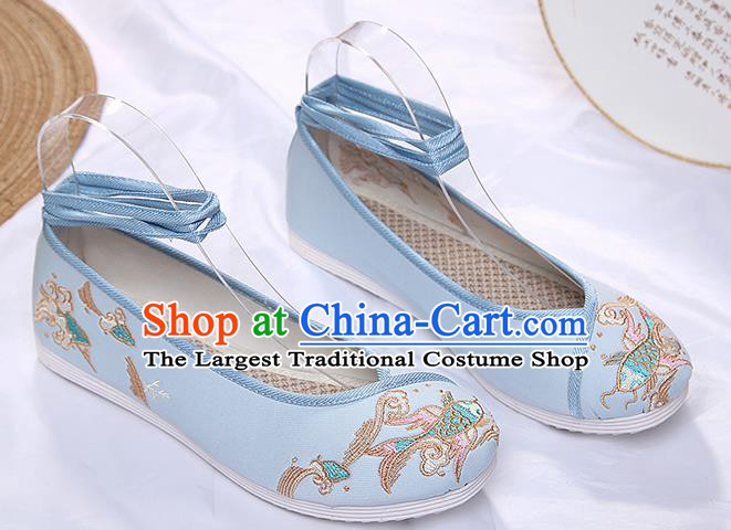 Chinese Traditional Blue Embroidered Carp Shoes Opera Shoes Hanfu Shoes Wedding Shoes for Women
